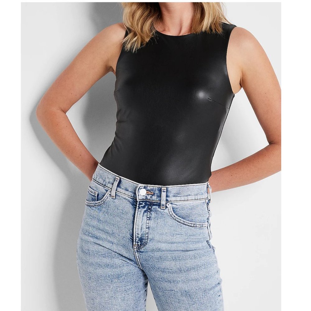 Body Contour Faux Leather High Neck Bodysuit